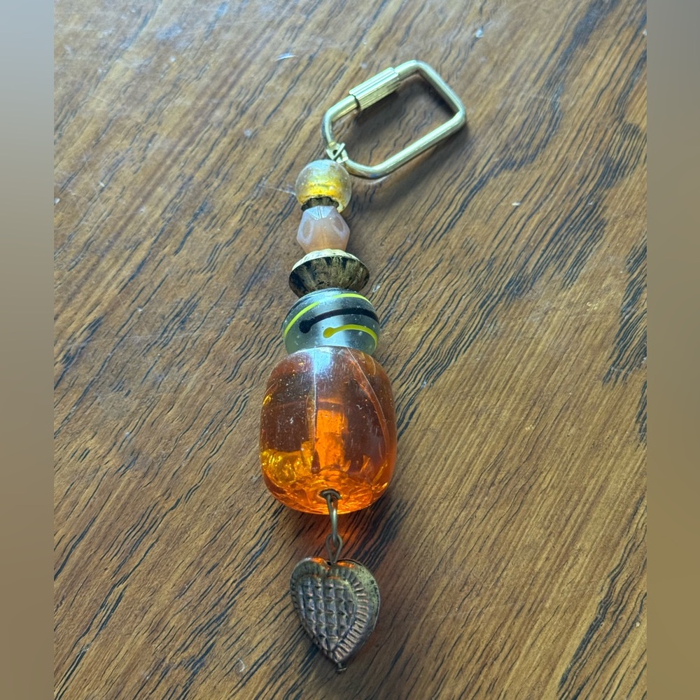 Orange Beaded Keychain with Heart Charm